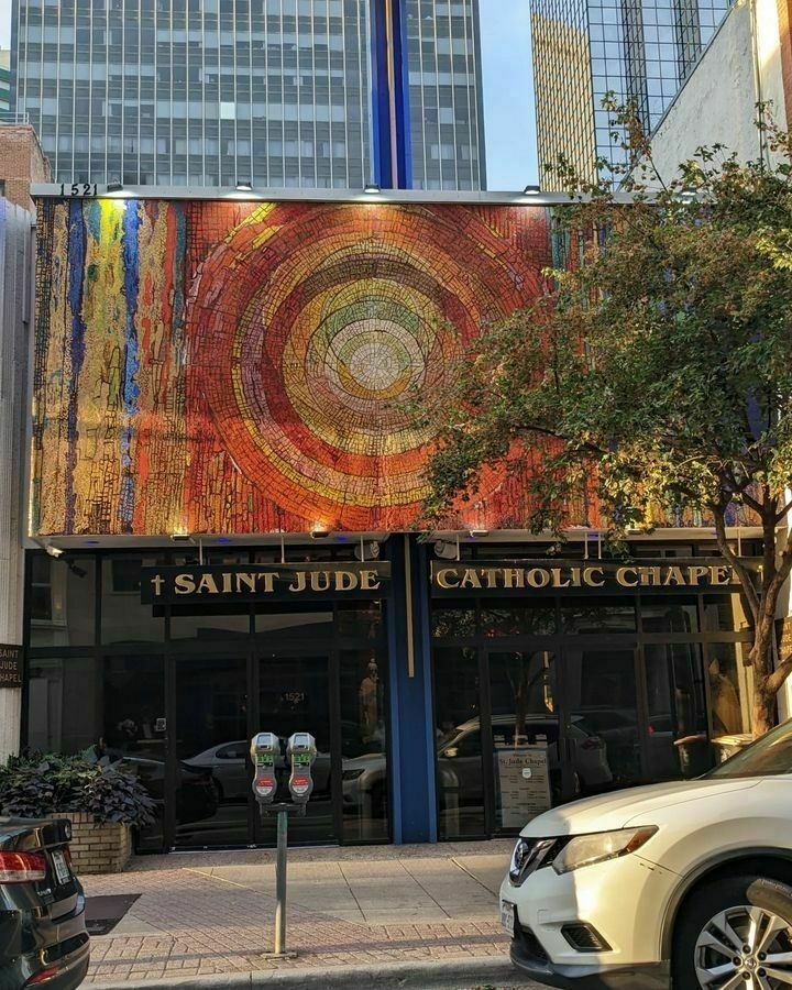 A mosaic sunburst on the facade of a downtown Dallas chapel.