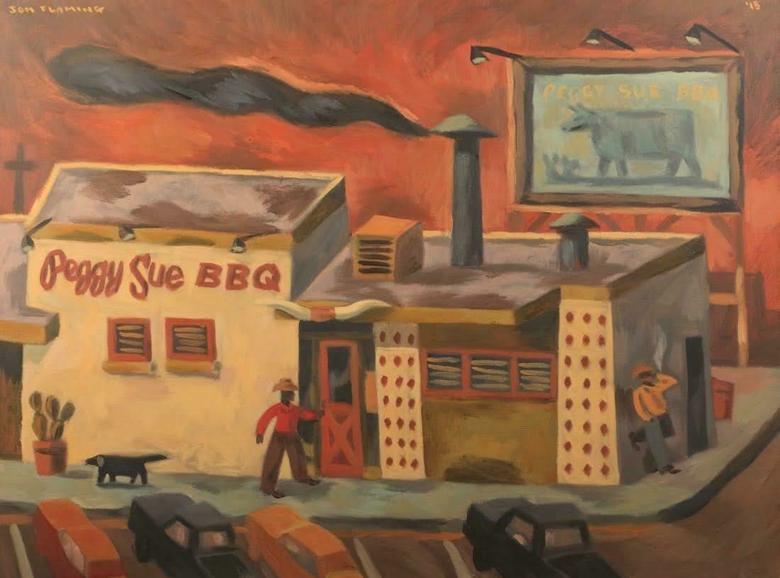 Cowboys entering a barbecue restaurant - Painting by Jon Flaming (Am. 1962-), Peggy Sue BBQ, Dallas, TX