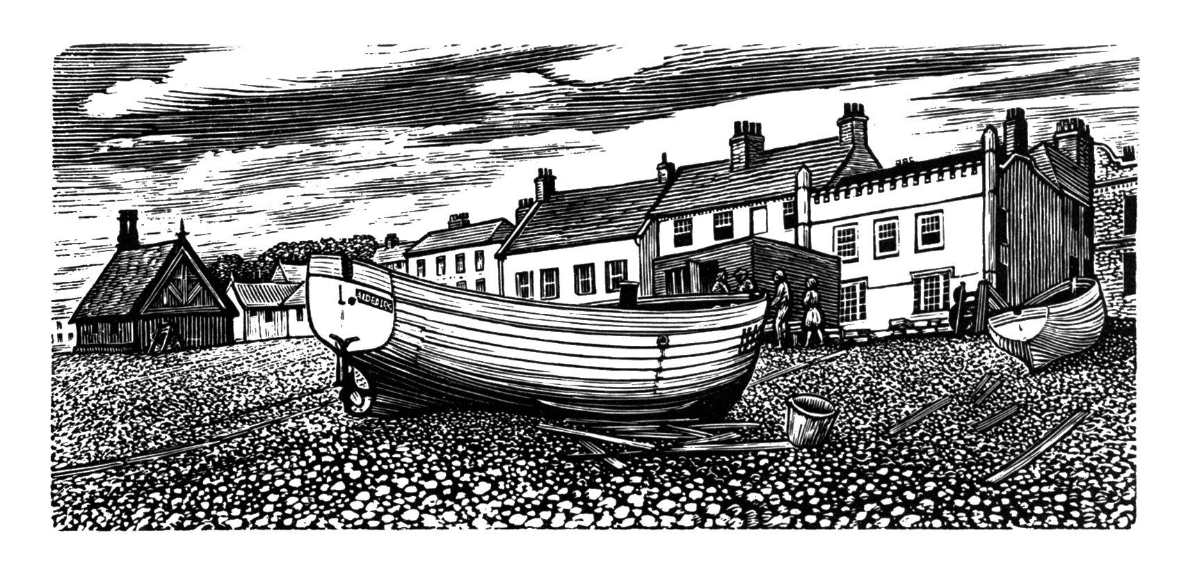 Wood engraving of wooden boat on a rocky beach