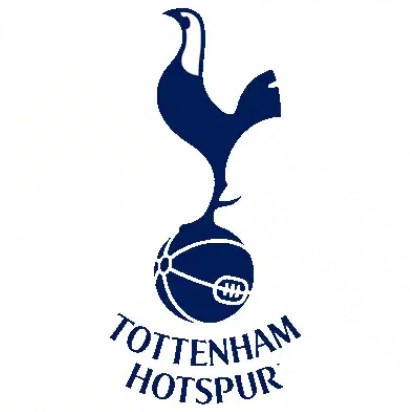 Symbol of English football club, Tottenham Hotspur: a silhouette of a navy blue cockerel (young rooster) standing on a soccer ball 