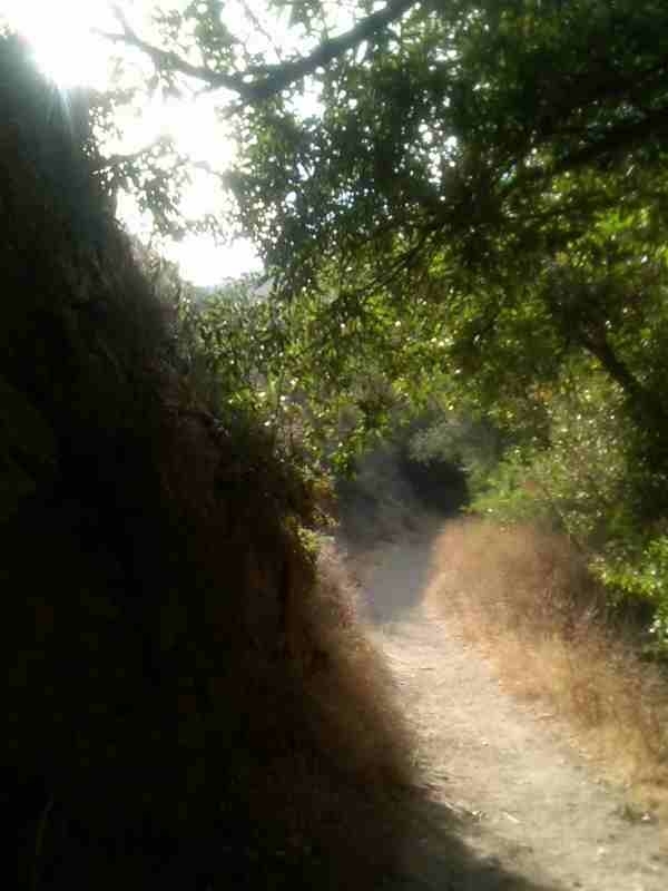 A partly shaded unpaved hiking trail in Ventura County, California, USA